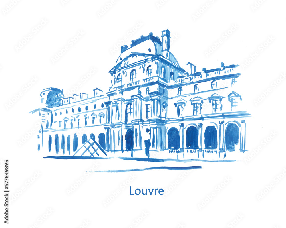 Louvre, museum, Paris, french architecture, old building, cityscape, sketch, watercolor 