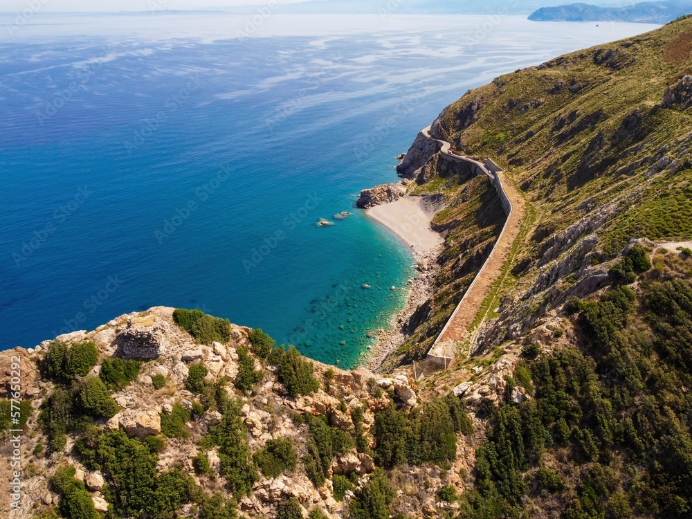 Aerial drone. Capo Calava bay and beach, with several holiday parks, resort and villages, near Gioiosa Marea, Sicily, Italy. Aerial drone. Capo Calava bay and beach, with several holiday parks, resort and villages, near Gioiosa Marea, Sicily, Italy.