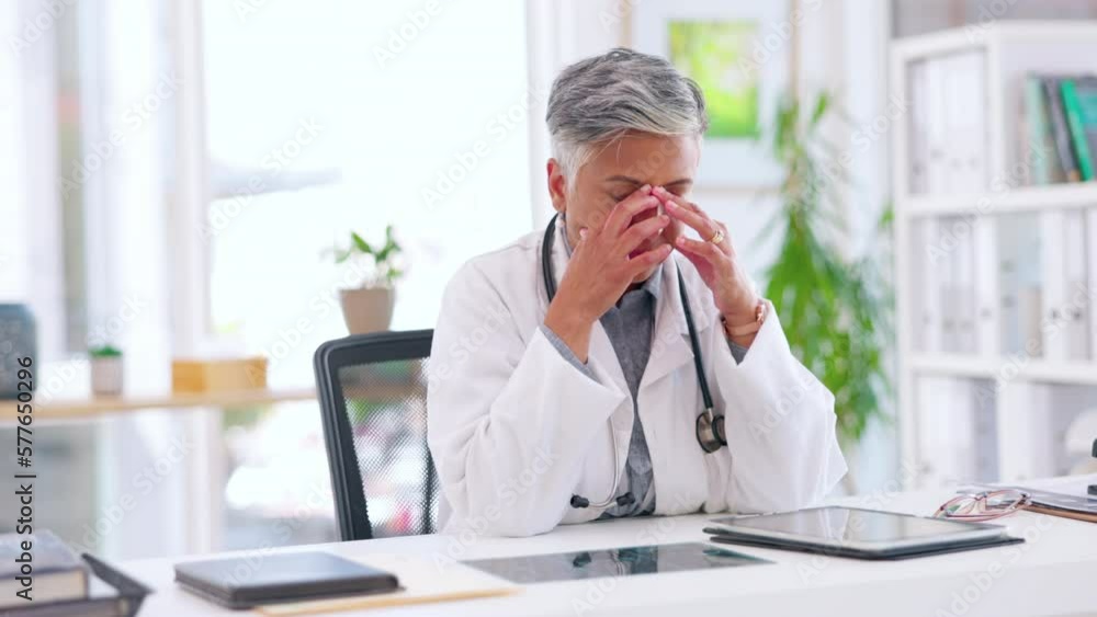 Digital tablet, doctor or stress headache in hospital treatment problem, medical error or bad healthcare news. Anxiety, burnout or migraine for surgeon woman on technology for mature life insurance Digital tablet, doctor or stress headache in hospital treatment problem, medical error or bad healthcare news. Anxiety, burnout or migraine for surgeon woman on technology for mature life insurance