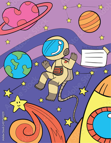 Hand drawn. Spaceman and star elements. Doodle art for Happy Valentine's day card or greeting card. Coloring book for adults and kids.
 photo