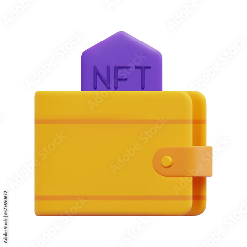 3d wallet with nft vector. Isolated on white background. 3d non fungible token and blockchain technology concept. Cartoon minimal style. 3d blockchain icon vector render illustration.