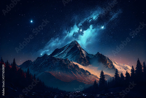 Starry night with stars over a mountain range
