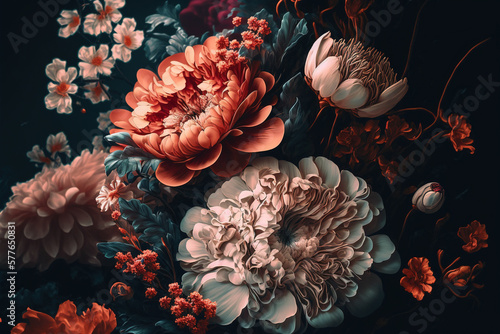 Beautiful luxury flowers on a dark background. AI