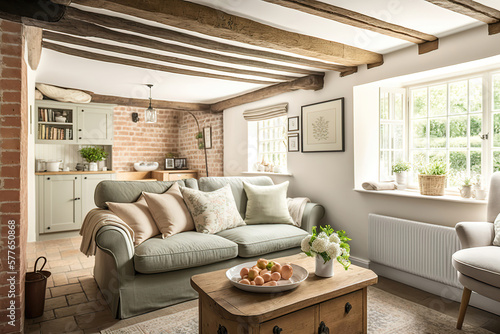cozy rural cottage living room interior, generative ai