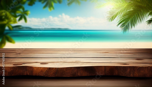 beach with palm trees and blank wooden board for product presentation  generative ai