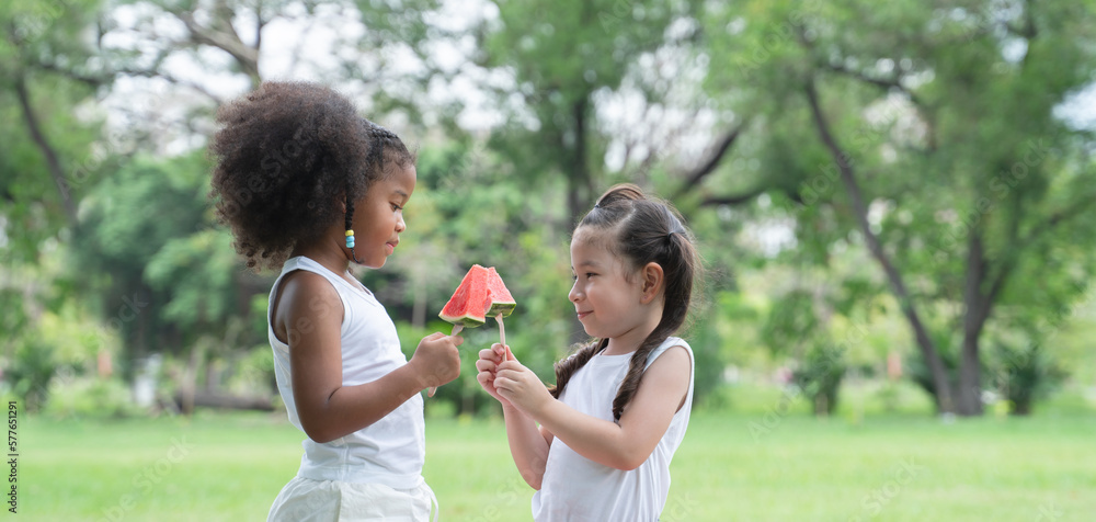 African and Caucasian little cute girls holding sliced watermelon on skewers, eating sharing together picnic at green park, wear white vest, smiling. Diverse children friends standing summer outdoors