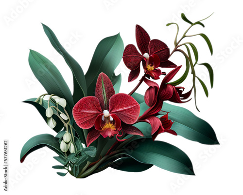 Red orchid flower with background on isolated transparent background suitable for retouch design. Generative AI.