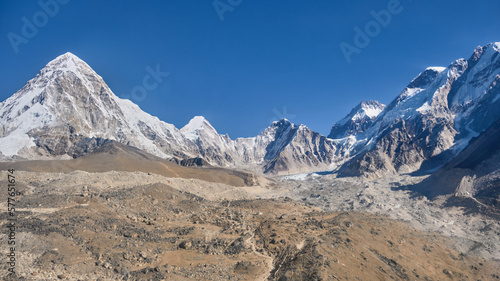 Glacial moraine and snowy peaks at Everest Base Camp in the Himalayas