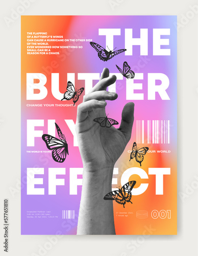 Collage elements on gradient backgroung. Hand chasing butterflies. Perfect for magazine cover, poster, wall art or t-shirt print.	