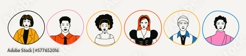 Various portraits of men and women. Diverse stylish people in trendy clothes. Cartoon style. Hand drawn modern Vector illustration. Templates for social media icons, avatars	
