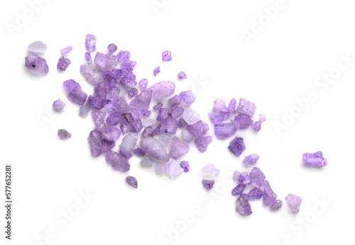 Sea salt for beauty treatment with lavender aroma. Lavender bath salt grains