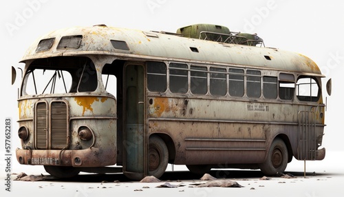 Rust ruined and damaged bus, post apocalypse object