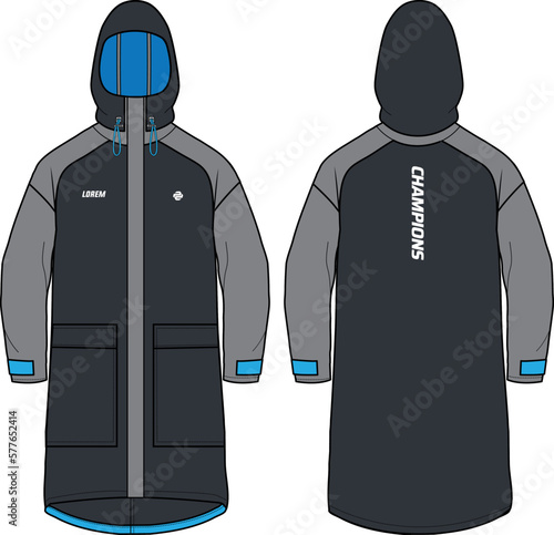 Long sleeve all condition coat Hoodie jacket design flat sketch Illustration, Hooded utility rain coat with front and back view, winter coat for Men and women for outerwear and long weather jacket
