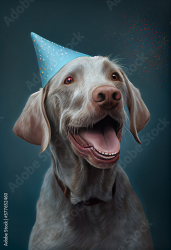 Funny dog wearing pary hat  birthday celebration card. Happy pets. Generative AI