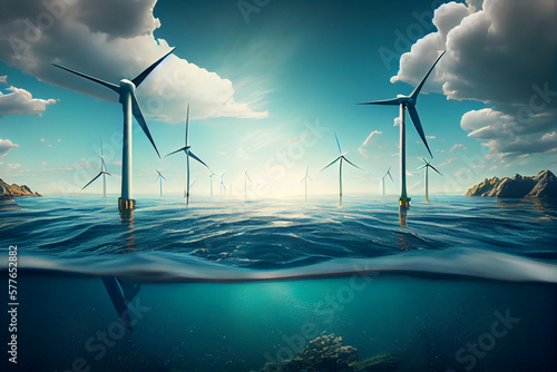 Wind turbines in ocean. Green energy farm at sea. Generative AI
