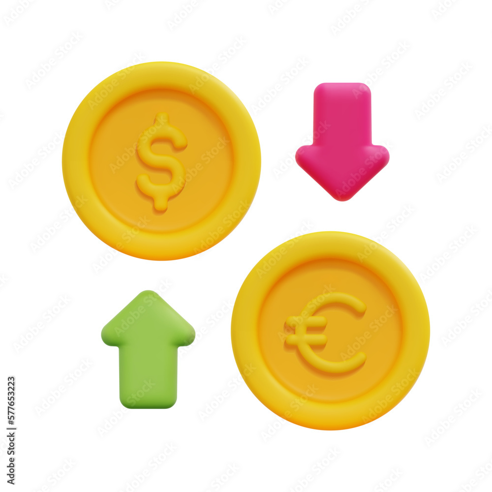 3d currency exchange icon vector. Isolated on white background. 3d investment, euro to dollar, business and finance concept. Cartoon minimal style. 3d money conversion icon vector render illustration. 3d currency exchange icon vector. Isolated on white background. 3d investment, euro to dollar, business and finance concept. Cartoon minimal style. 3d money conversion icon vector render illustration.