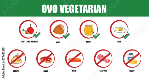 Ovo vegetarian. Types of diets and nutrition plans from weight loss collection outline set. Eating model for wellness and health care vector illustration