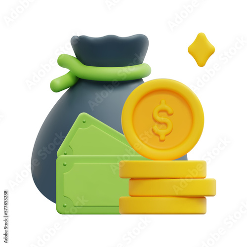 3d money bag, coins stack and banknotes icon vector. Isolated on white background. 3d investment, money, business and finance concept. Cartoon minimal style. 3d icon vector render illustration.