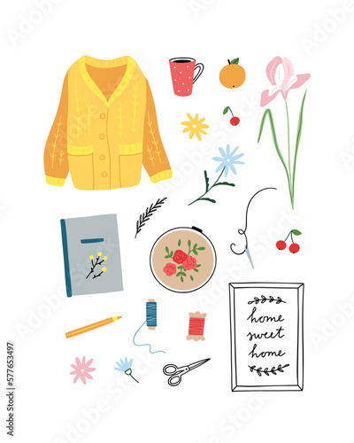 Sweet home cute illustrations. Lifestyle vector set. Sewing, reading, floral graphic elements