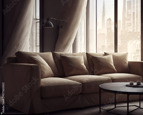 The sofa sets in the living room with sunlight entering it from the window. There are other decorations such as wall decoration and coffee table,