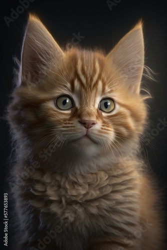 Chaton roux, mignon, assis sur fond noir, portrait façon studio photo, IA générative  (7)
