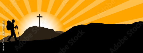 Silhouette of hiker hiking man in the mountains landscape panorama background, with cross and sunrise sunset sunbeams,  illustration icon vector for logo hiking adventure wildlife