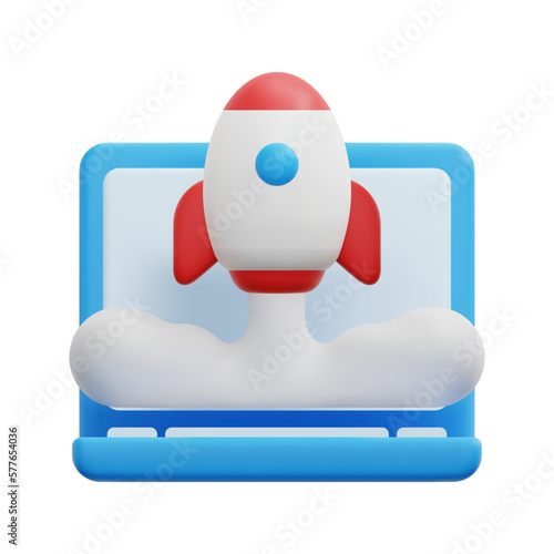3d startup icon vector. Isolated on white background. 3d startup, business and finance concept. Cartoon minimal style. 3d rocket on laptop icon vector render illustration.