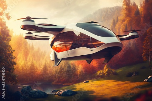 Transportation of the future: futuristic flying taxi cab in city photo