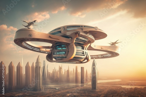 Transportation of the future: futuristic flying taxi cab in city