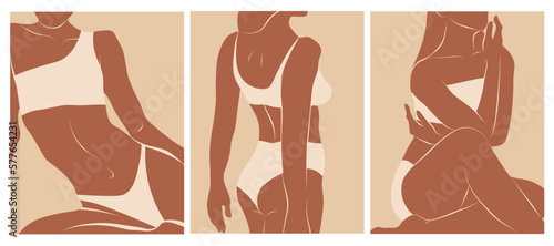 Beautiful set woman body silhouette art, beauty sketch figure girl in underwear or swimsuit beige color. Minimalist female figure. Abstract art. Vector illustration	