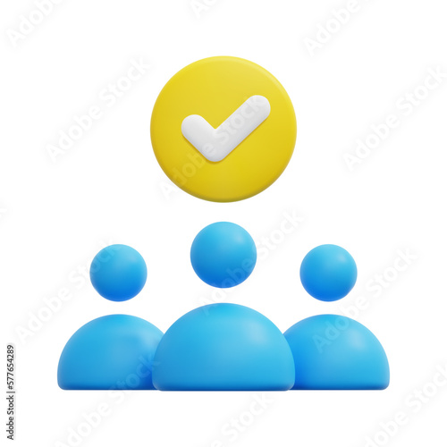 3d group team with check mark icon vector. Isolated on white background. 3d team, teamwork and business concept. Cartoon minimal style. 3d teamwork icon vector render illustration.