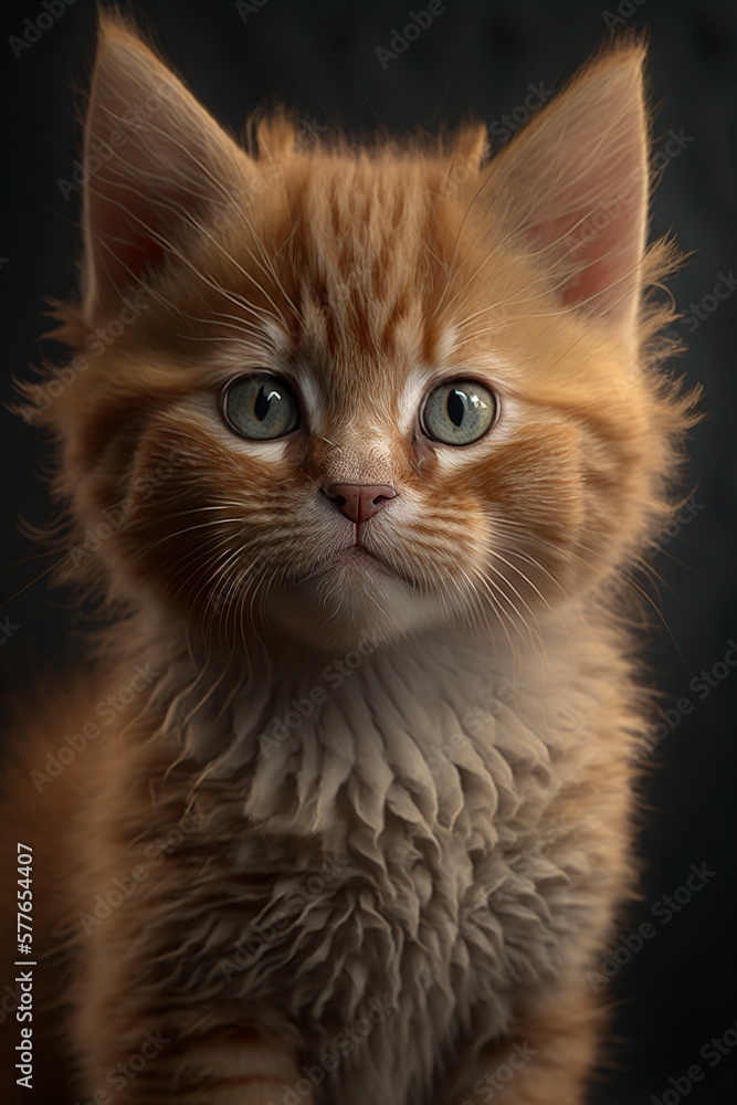 Fototapeta premium Chaton roux, mignon, assis sur fond noir, portrait façon studio photo, IA générative (9)