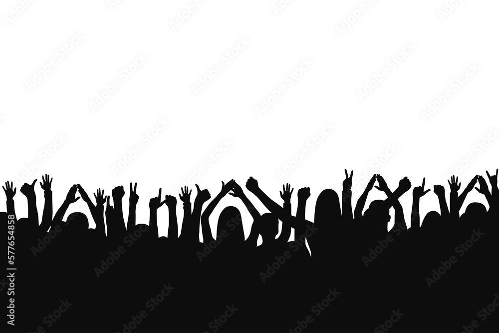 Crowd of people are applauding. Crowd of people show gestures of happiness and support with raised hands Crowd of people are applauding. Crowd of people show gestures of happiness and support with raised hands
