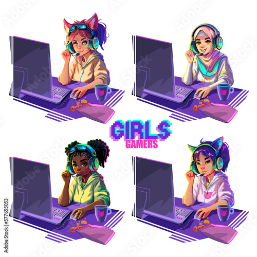 Diverse girls gamers or streamers sitting at a computer in headset with cat ears