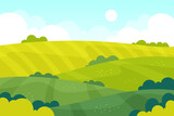 Farm in grass fields, blue sky with clouds, green hills. Meadow landscape, garden in countryside, spring park, trees and bushes. Village lands summer scene. Vector garish background