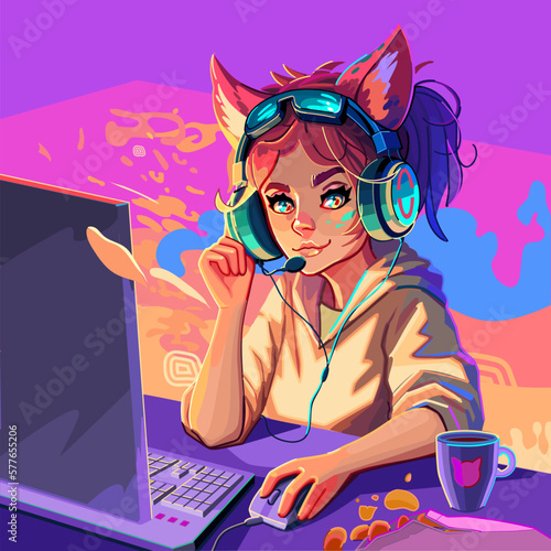Girl gamer or streamer with cat ears headset sits at a computer.