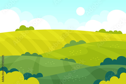 Farm in grass fields  blue sky with clouds  green hills. Meadow landscape  garden in countryside  spring park  trees and bushes. Village lands summer scene. Vector garish background