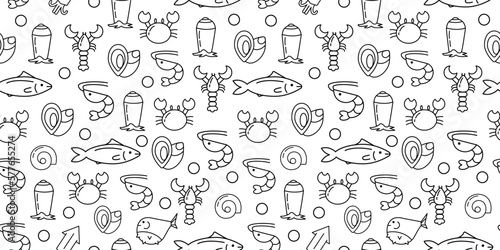 Seafood pattern, line sea shrimp, cute lobster, crab and mackerel icons, oysters and fish, squid in water. Underwater nature elements. Menu background. Vector outline recent logotypes