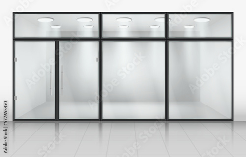 Office glass doors. Store windows. Front wall. Vitrine of commercial shop. Shopfront space. Display for retail. 3D room interior. Boutique forepart. Vector realistic neoteric background