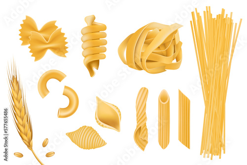3d pasta, spaghetti, isolated macaroni. Italian raw food, farfalle noodle, Italy fusilli and fettuccine, yellow uncooked ingredients. Raw and dry wheat products. Vector realistic illustration