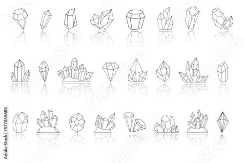 Mineral crystal gemstones, line quartz icons. Natural aquamarine or rock salt, emerald gem stones, geometry lines. Isolated outline diamonds. Vector garish logo templates, pictograms collection