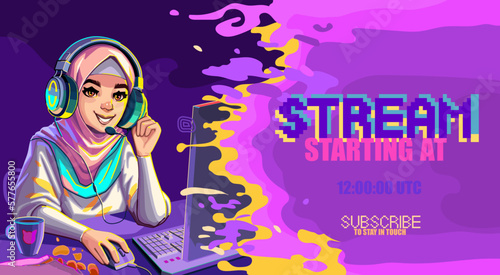 Muslim girl gamer or streamer in a hijab and a headset sits at a computer