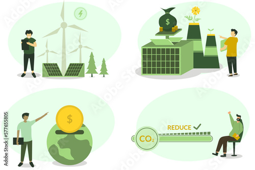 Sustainability illustration set. Characters showing ways to reduce CO2 emission impact through carbon management and turbine  Low carbon and environmental responsibility concept. Vector illustration