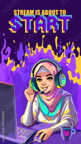 Muslim girl gamer or streamer in a hijab and a headset sits at a computer