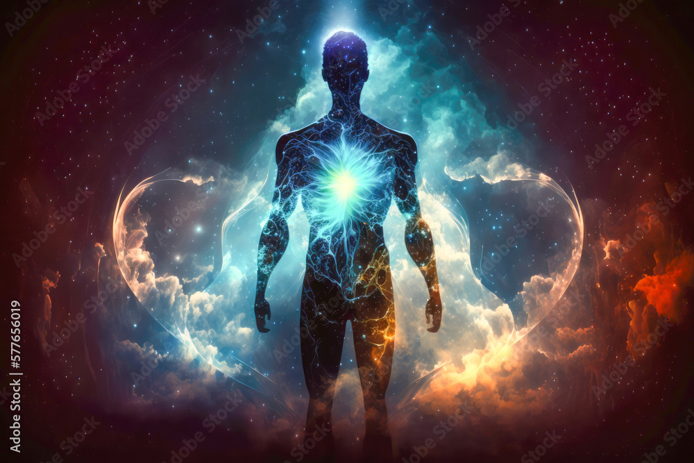 Astral body silhouette with abstract space background. Esoteric, spiritual life and meditation concept. Afterlife and connection with other worlds. Generative AI Astral body silhouette with abstract space background. Esoteric, spiritual life and meditation concept. Afterlife and connection with other worlds. Generative AI