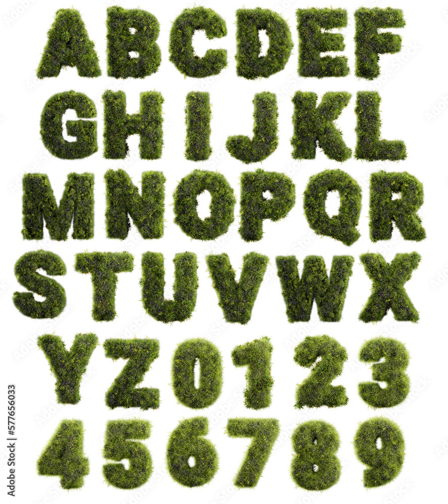 3D render alphabet made of grass and flowers, foliage lettering isolated on white 3D render alphabet made of grass and flowers, foliage lettering isolated on white