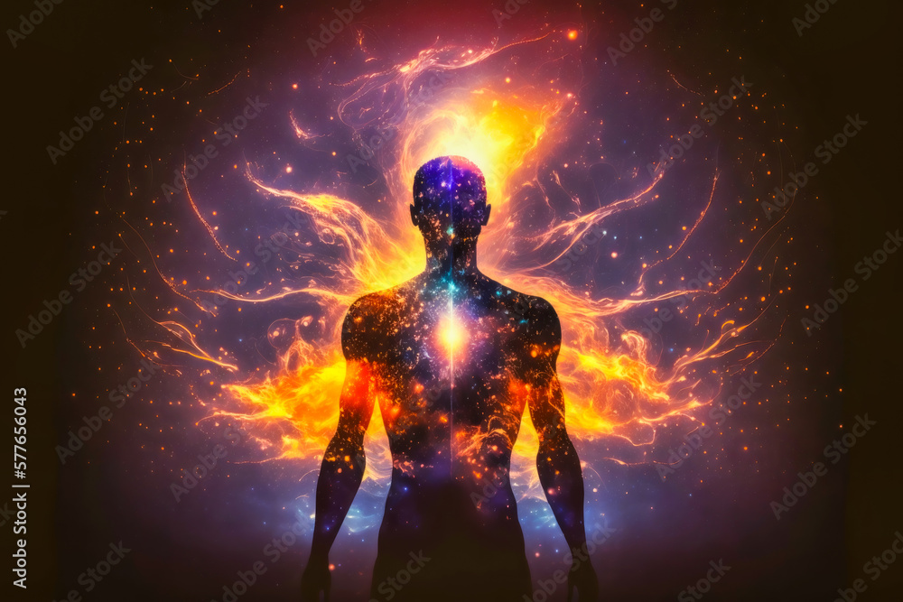Astral body silhouette with abstract space background. Esoteric, spiritual life and meditation concept. Afterlife and connection with other worlds. Generative AI Astral body silhouette with abstract space background. Esoteric, spiritual life and meditation concept. Afterlife and connection with other worlds. Generative AI