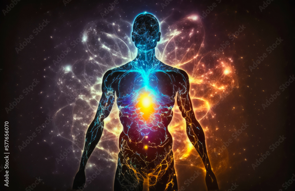 Astral body silhouette with abstract space background. Esoteric, spiritual life and meditation concept. Afterlife and connection with other worlds. Generative AI Astral body silhouette with abstract space background. Esoteric, spiritual life and meditation concept. Afterlife and connection with other worlds. Generative AI