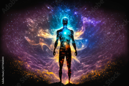 Astral body silhouette with abstract space background. Esoteric  spiritual life and meditation concept. Afterlife and connection with other worlds. Generative AI