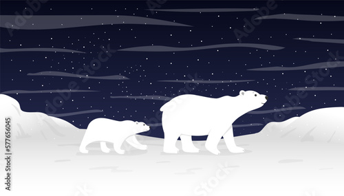 White polar bear, antarctica landscape. North snow animal wildlife, cold arctic sky, polarization. Wildlife tundra. Childish poster. Mother and cute baby in ice vector cartoon utter background